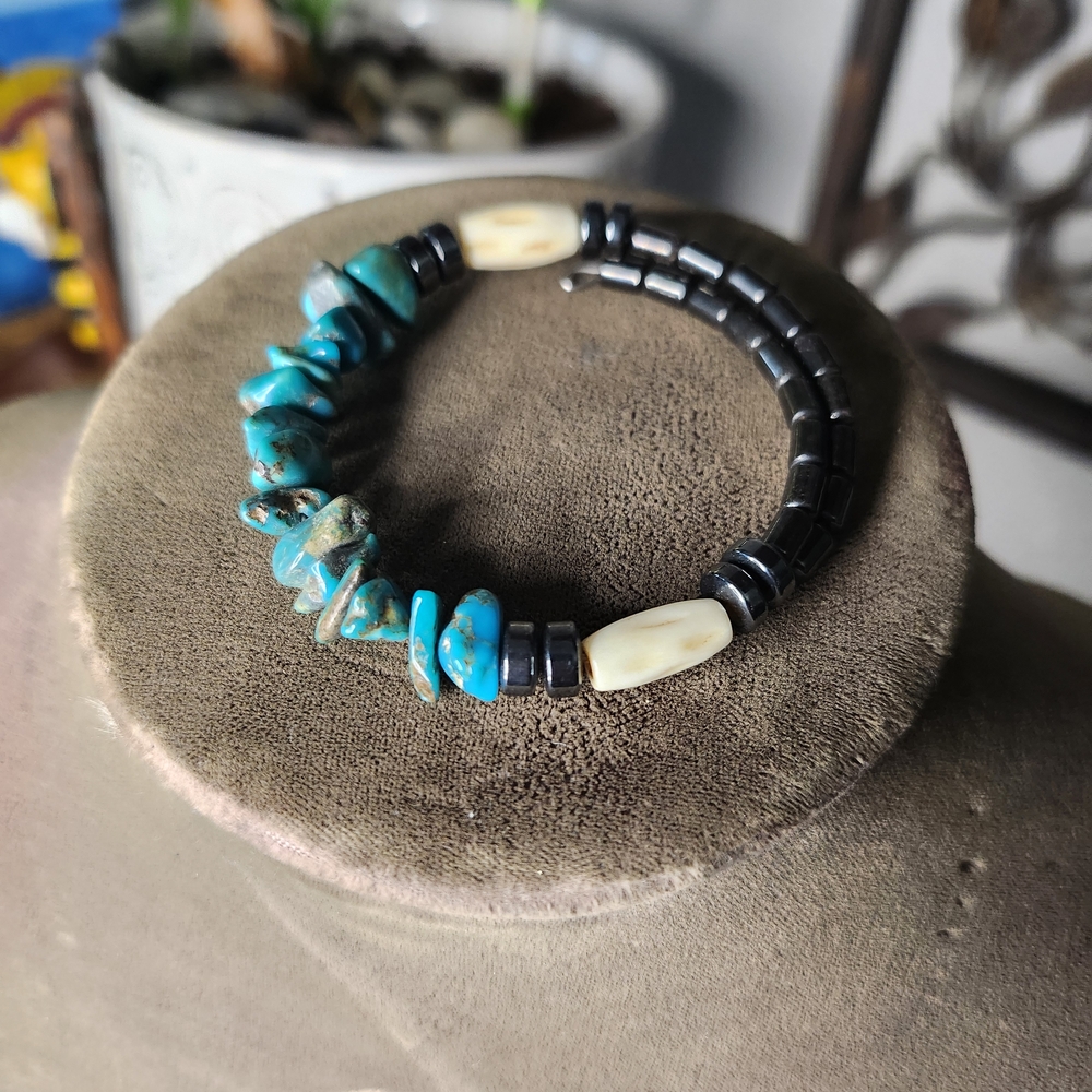 Turquoise Bone and Hemitite Beaded Wire Adjustable Length Bracelet